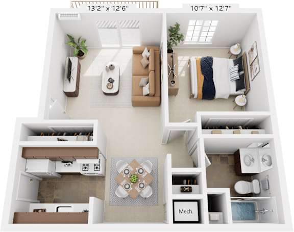 One Bedroom - Expanded 3D Floor Plan at Walnut Trail Apartments, Michigan, 49002