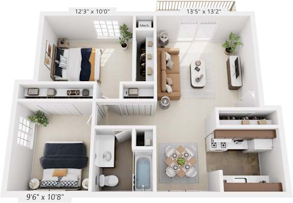 Two Bedroom - Expanded 3D Floor Plan at Walnut Trail Apartments, Portage, MI