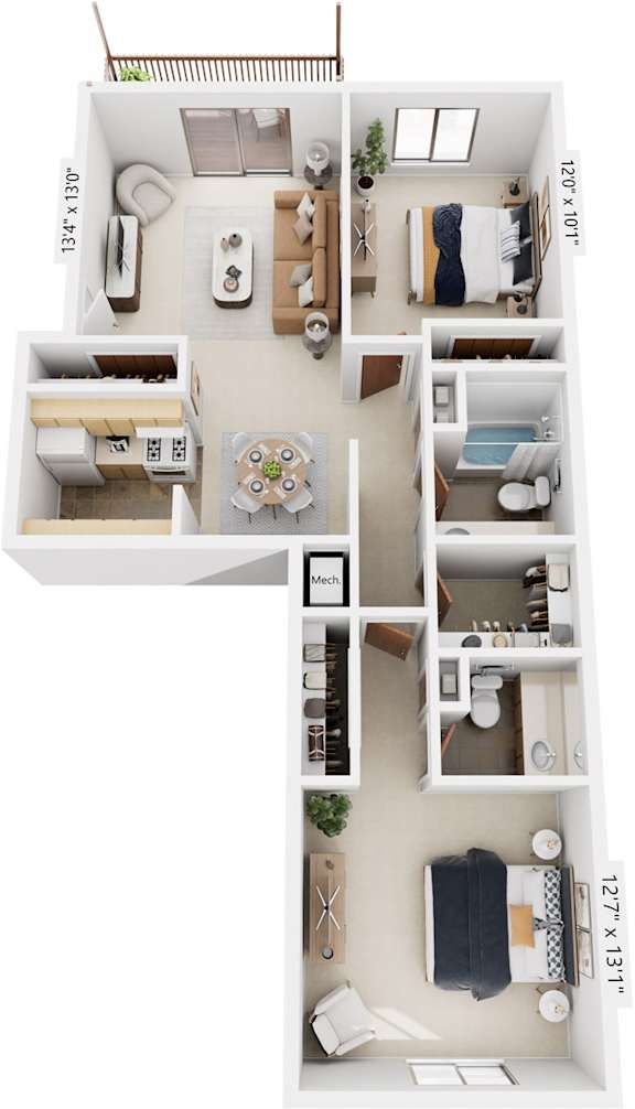 Two Bedroom Walk-thru 3D Floor Plan at Walnut Trail Apartments, Portage, 49002