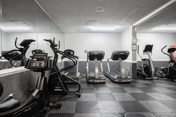 A gym with treadmills, elliptical machines, and a weight machine at WaterFront Apartments, Virginia Beach