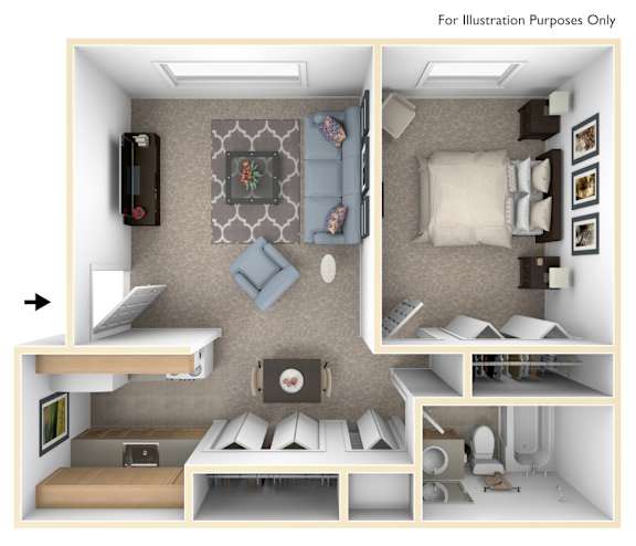 One Bedroom 3D Floor Plan at Waverly Park Apartments, Lansing, Michigan