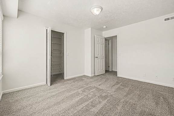 A bedroom with a carpeted floor and a walk-in closet at West Hampton Park Apartment Homes, Nebraska, 68022