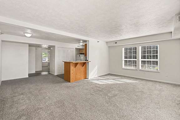 A living room with a carpeted floor and a wooden breakfast bar at West Hampton Park Apartment Homes, Nebraska, 68022