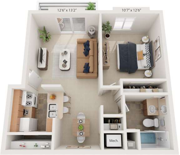 Modified One Bedroom 3D Floor Plan at West Wind Apartments, Fort Wayne, Indiana