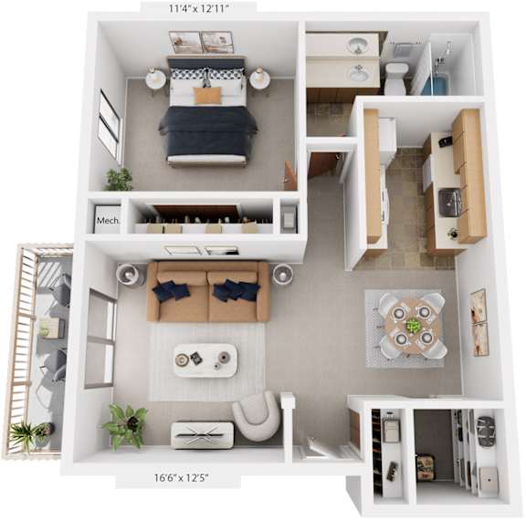 Seville One Bedroom 3D Floor Plan at West Wind Apartments, Fort Wayne, 46808