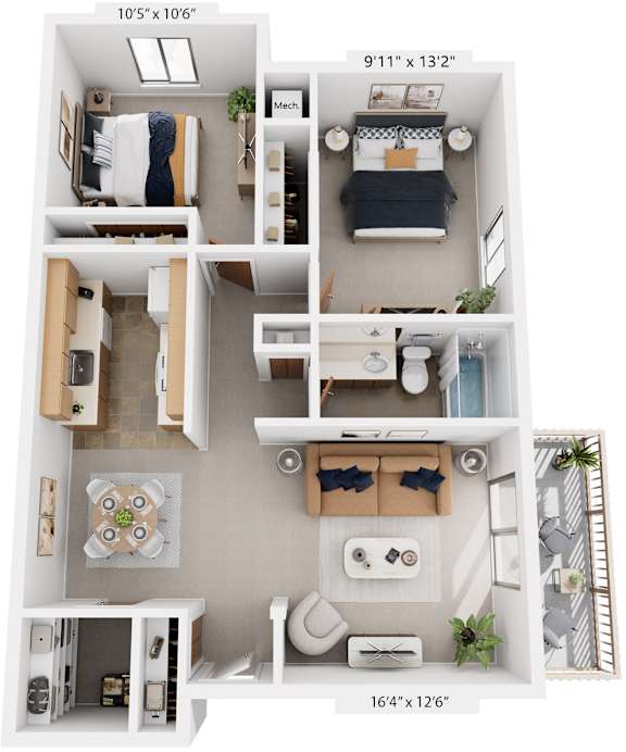 Seville Two Bedroom 3D Floor Plan at West Wind Apartments, Fort Wayne