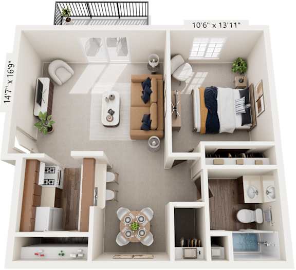 One Bedroom - Classic 3D Floor Plan at Wood Creek Apartments, Kenosha, Wisconsin