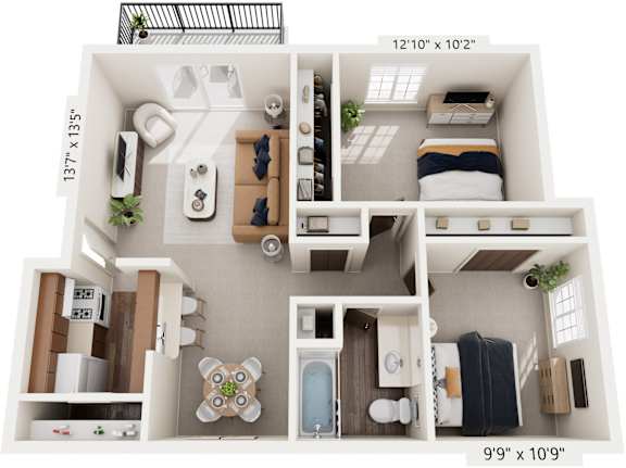 Two Bedroom - Classic 3D Floor Plan at Wood Creek Apartments, Kenosha