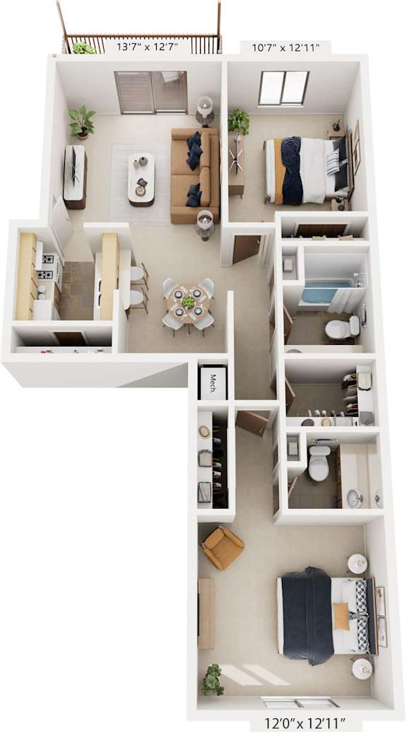 Two Bedroom - Two Bathroom Walk-Thru 3D Floor Plan at Wood Creek Apartments, Wisconsin, 53144