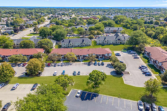 Aerial View of exterior buildings and parking lots at Wood Creek Apartments, Kenosha