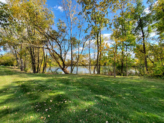 A serene park with a lake, trees, and a clear sky.