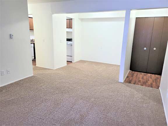 A living room and dining room with a brown door and a carpet.