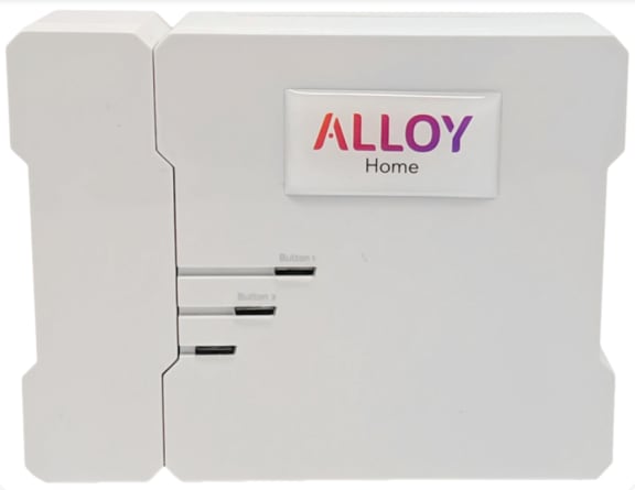 a white thermostat with the word alloy home written on it