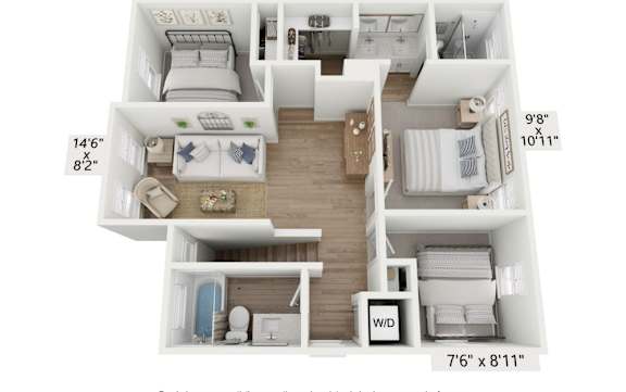 A 3D floor plan of a small apartment with two bedrooms, a living room, and a kitchen.
