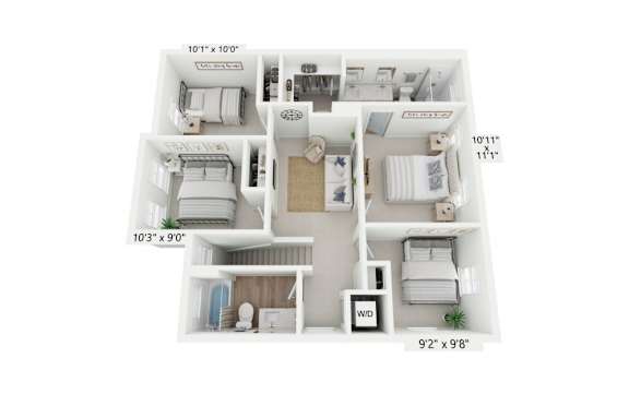 A diagram of a house layout with dimensions and furniture placement.