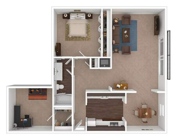 A floor plan of a small apartment with a kitchen, living room, and bedroom.