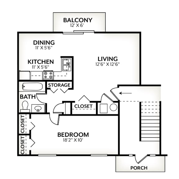 A black and white floor plan of a small house with a balcony, living room, dining room, kitchen, bathroom, bedroom, porch, and closet.
