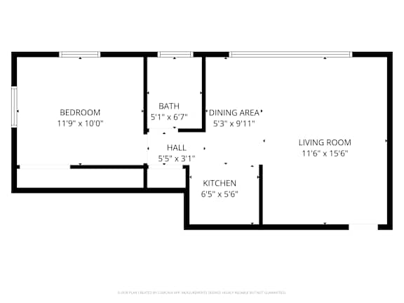 A floor plan of a house with a living room, dining area, kitchen, bedroom, bathroom and hall.