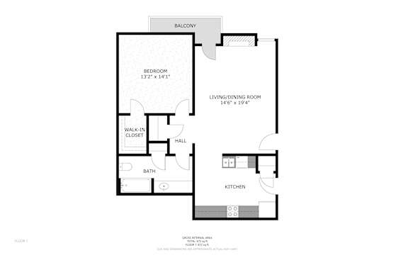 A black and white image of a floor plan for a one bedroom apartment.