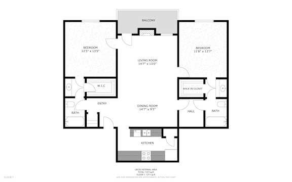A floor plan of a house with a living room, two bedrooms, a dining room, a kitchen, a hallway, two bathrooms, and a balcony.