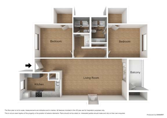A 3D floor plan of a house with a living room, kitchen, and three bedrooms.