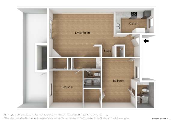 A floor plan of a living room with three bedrooms and a study.
