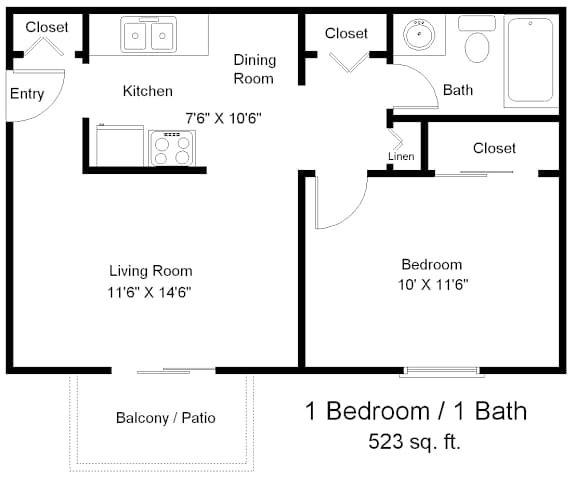 A floor plan of a small apartment with a living room, kitchen, dining room, bedroom, and bathroom.