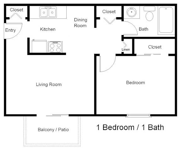 A black and white floor plan of a one bedroom apartment.