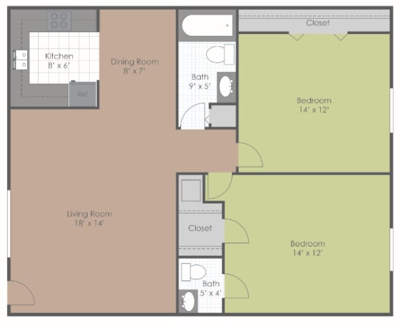 2 Bedroom 1.5 Bath floor plan image 820 sq ft