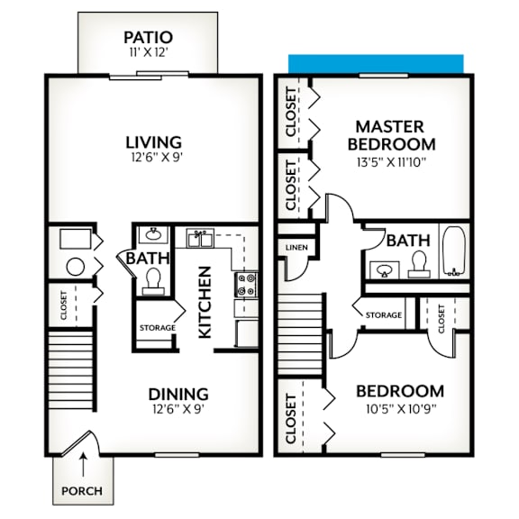 A floor plan of a house with a living room, dining room, kitchen, two bedrooms, a bathroom, and a patio.