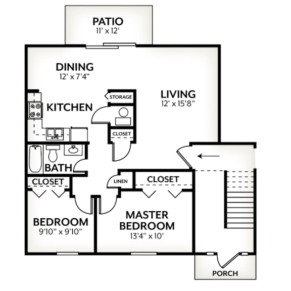 A black and white image of a floor plan for a house with a living room, dining room, kitchen, two bedrooms, and a porch.
