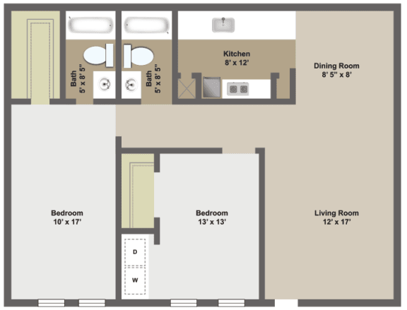 Two bedroom, two bathroom two dimensional floor plan.
