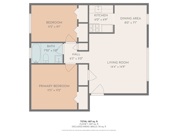 A floor plan of a house with a living room, dining area, kitchen, two bedrooms, a bathroom, and a hall.
