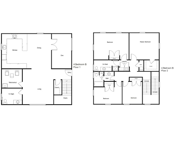 Two floor plans of a house with four bedrooms and a garage.
