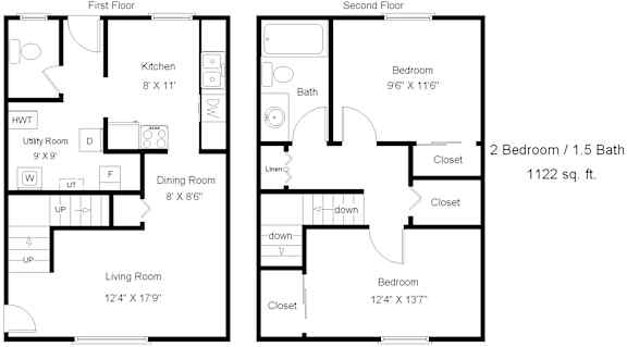 A floor plan of a two bedroom apartment with a living room, kitchen, dining room and bathroom.