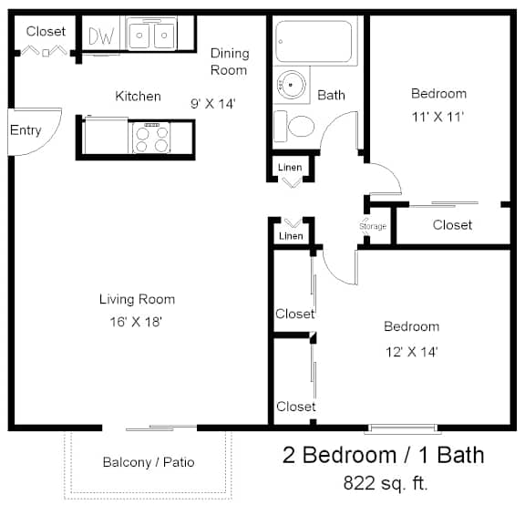 A black and white image of a floor plan for a 2 bedroom, 1 bath house.