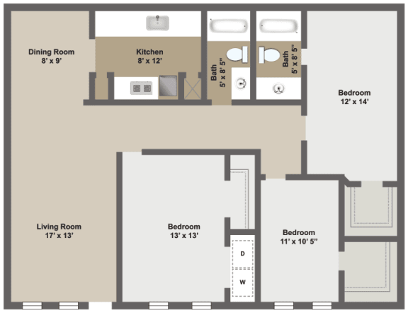 Three bedroom, two bath two-dimensional floor plan.