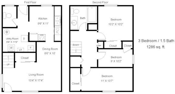 A floor plan of a two-story home with three bedrooms and two bathrooms.