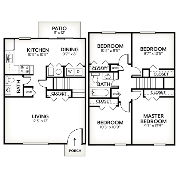 A black and white floor plan of a house with a living area, kitchen, dining area, two bedrooms, a bathroom, and a patio.