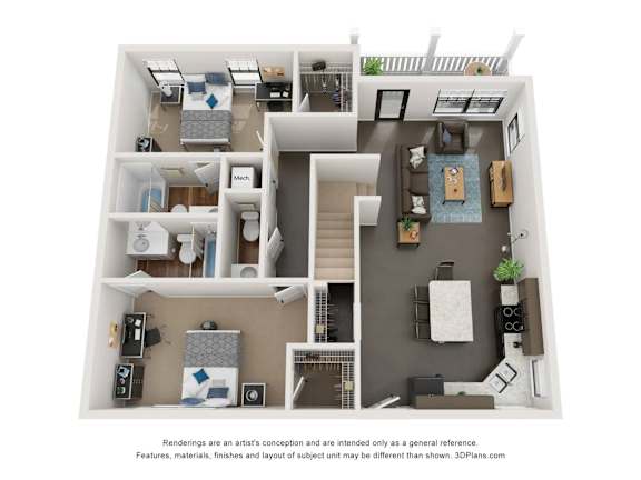 A 3D floor plan of a house with a kitchen, living room, and two bedrooms.