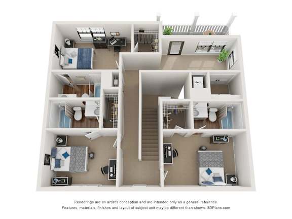 A 3D floor plan of a house with a kitchen, living room, and bedrooms.