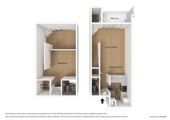 A diagram of a floor plan showing a living room, dining room, kitchen, and bedroom.