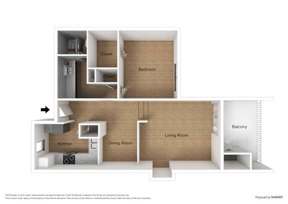 A diagram of a house layout with a kitchen, dining room, living room, bedroom, and balcony.