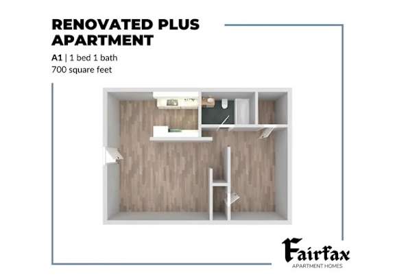 A renovated apartment with a bed, a bath, and a total area of 700 square feet.