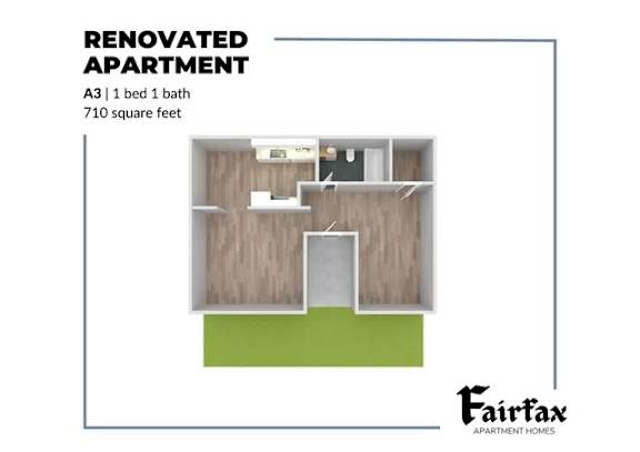 A floor plan of a renovated apartment with one bed and one bath.