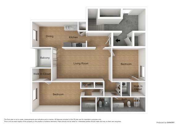 A floor plan of a 3D room layout with a dining area, kitchen, living room, bedrooms and bathrooms.