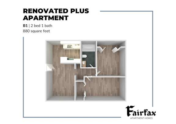 A floor plan of a renovated plus apartment with a 2 bed 1 bath layout.