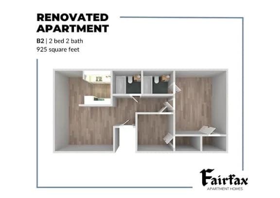 A renovated apartment with a B2 size and 2 bedrooms and 2 bathrooms.
