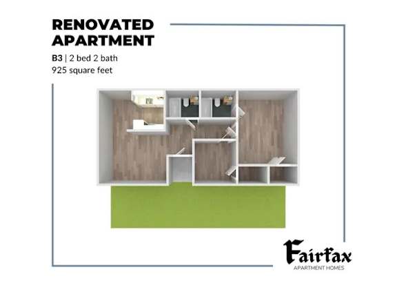 A renovated apartment with a B3 size, 2 bedrooms, 2 bathrooms and a total area of 925 square feet.