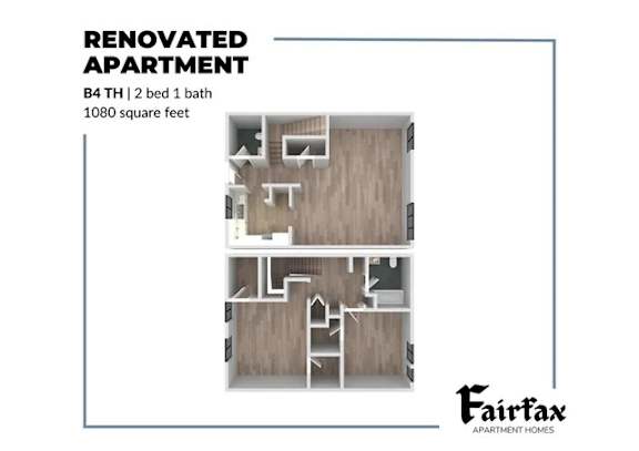 A floor plan of a renovated apartment with two bedrooms and one bathroom.
